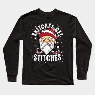 Snitches Get Stitches Santa Hat Rebel Santa Humorous Matching Long Sleeve T-Shirt